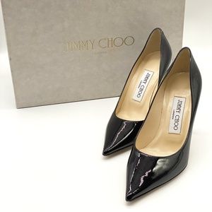 Jimmy Choo ROMY 100 Black Patent Leather Pointy Toe Pumps